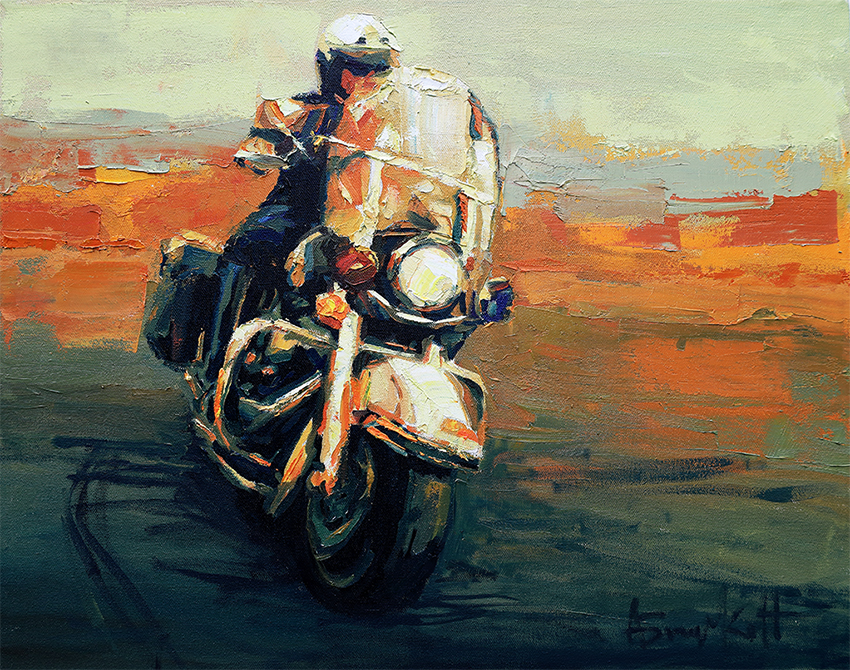 Motor Cop #3, Painting of a police officer riding a motorcycle