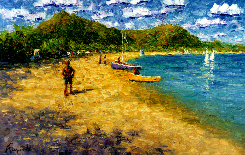 Mauritius seascape, a man walking down the beach, summer, clouds, boats