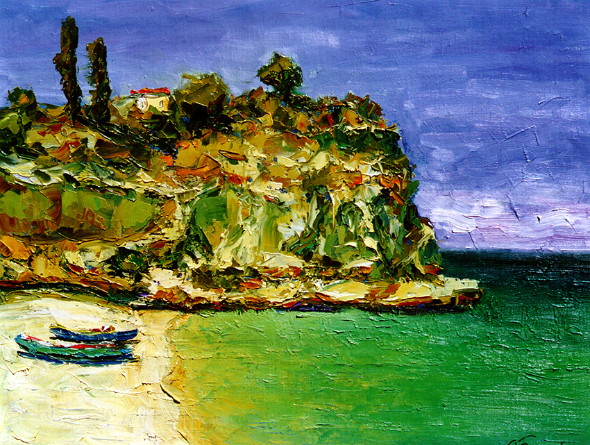 Italy, summer seascape, cliffs, boats, green sea